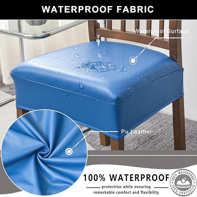 NILUOH Waterproof Seat Covers for Dining Room Chairs Set of 2, Pu Leather Chair Seat Slipcovers Dining Chair Cover Removable Washable Chair Protctor Cover, Rear Covers (PU-Dark Blue)