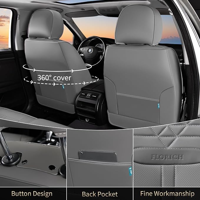 FLORICH Car Seat Covers for Full Set, Universal Seat Cushion 5 Seats, Car Seat Protector Waterproof, Premium Leather Automotive Seat Covers for Most Cars, Sedans, SUVs, and Trucks-Gray