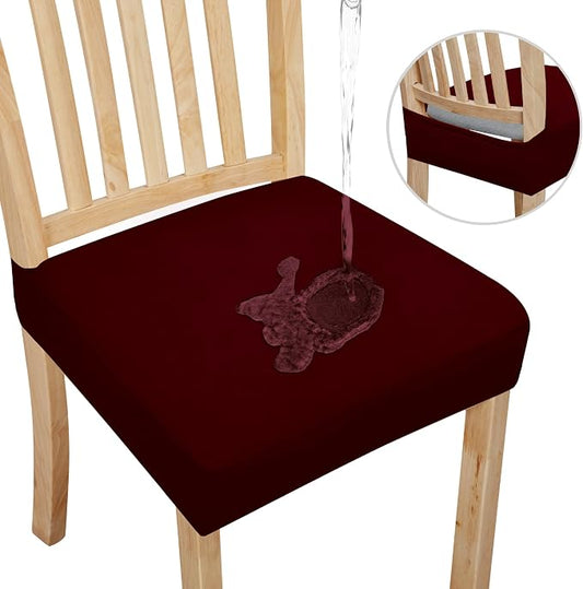 Easy-Going 100% Waterproof Seat Covers for Dining Room Chairs Set of 6, Stretch Chair Seat Slipcovers Protector Removable and Washable Kitchen Dining Chair Covers, Wine