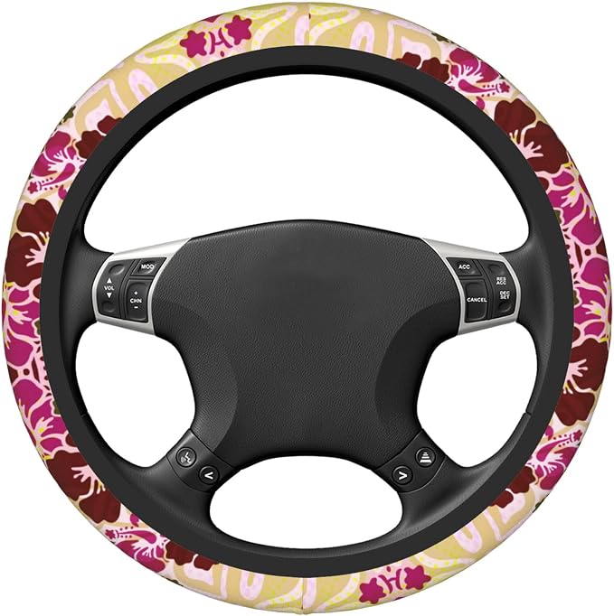 Hawaiian Hibiscus Pattern Car Steering Wheel Cover Anti-Slip Breathable and Sweat Absorption Neoprene Universal 14-15 Inch Inches Car Accessories