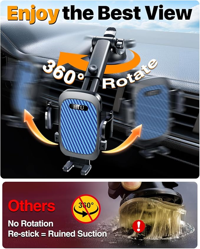 HTU 2026 Ultimate Best【True Military-Grade & Safety Cert】 Car Phone Holder | 【Upgraded 360 Rotation & 100LBS Strongest Suction】5-in-1 Truck Windshield Dashboard Vent Mount Stand for iPhone Android, Blue