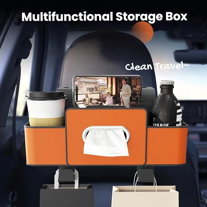 3-in-1 Car Backseat Organizer, 3-in-1 Car Headrest Backseat Organizer, Multifunctional Car Back Seat Storage with 2 Cup Holders & Hooks, Universal Cars Seat Organizer Tissue Box and Storage (Beige)