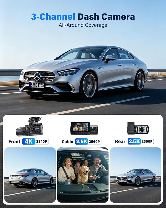 4K+2.5K+2.5K Dash Cam, IMX675 STARVIS 2 Dash Camera 3-Channel, Free 64GB Card, Dashcam with 5G WiFi GPS, G-Sensor,Loop Recording, HDR, 24H Parking Monitor, Car Dash Cam for Rideshare & Taxi