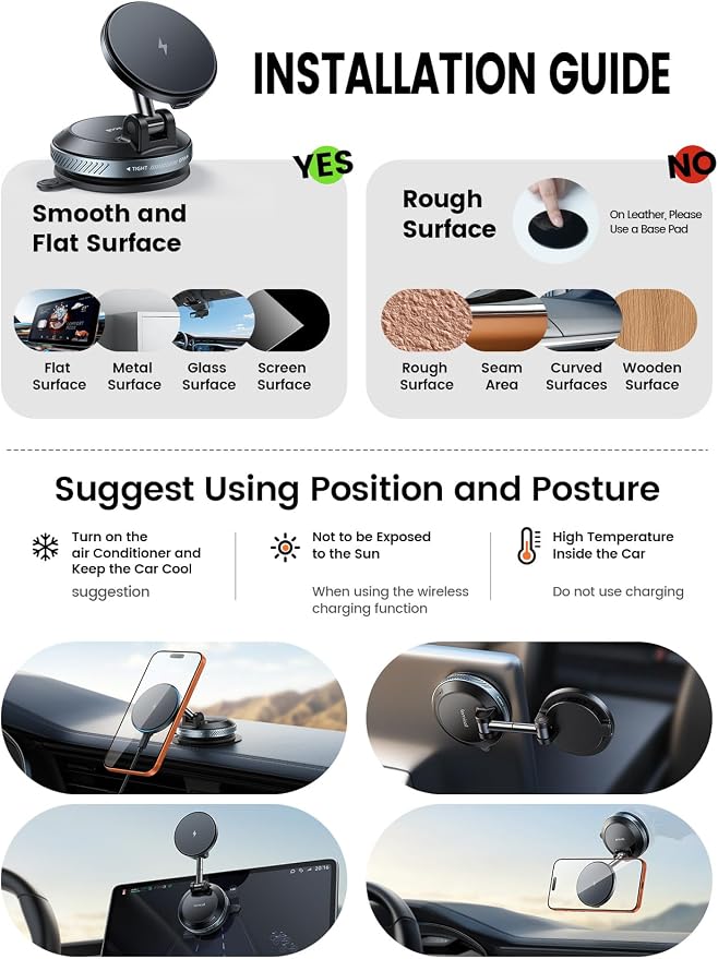Lamicall 15W for MagSafe Car Mount Charger - Dual USB-C Ports, Magnetic Phone Holder for Car, Magnetic Wireless Car Charger, Vacuum Suction Cup Phone Mount for iPhone 17 Pro Max 16 15 Truck Jeep Black