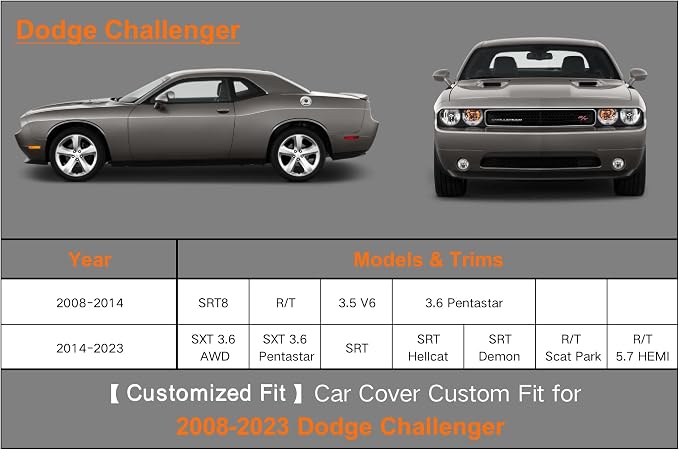 Kayme 6 Layers Car Cover Custom Fit for Dodge Challenger SXT SRT Hellcat Demon R/T (2008-2025) Waterproof All Weather for Automobiles, Outdoor Full Cover Rain Sun UV Protection.Silver
