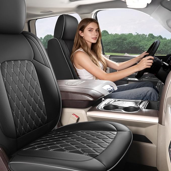 Custom Seat Covers fit for Dodge Ram 1500 2500 3500, Full Coverage Luxury Leather Ram Truck Seat Cover 2009-2025 Compatible with Crew Cab Double Quad Regular (Black, Full Set (Flat Front/Curved Rear))