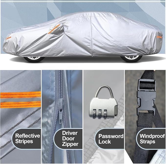Kayme Car Cover Waterproof All Weather with Lock and Zipper, Sun Uv Rain Protection Outdoor, Fit Sedan (Up to 175 Inch) H1