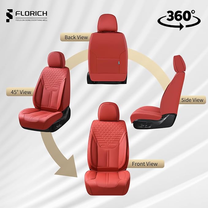 FLORICH Seat Covers, Car Seat Covers Full Set, Luxury Nappa Leather Seat Covers, Breathable and Waterproof Car Seat Protector 5 Seat, Automotive Seat Covers Universal Fit for Most Cars-Red