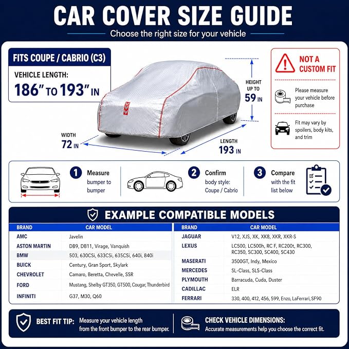 Car Cover for Copue, Waterproof All Weather Heavy Duty, 360° Underbody Wrap Windproof Design, Quick Install Outdoor Vehicle Cover, Fits Copue 186 to 193 in