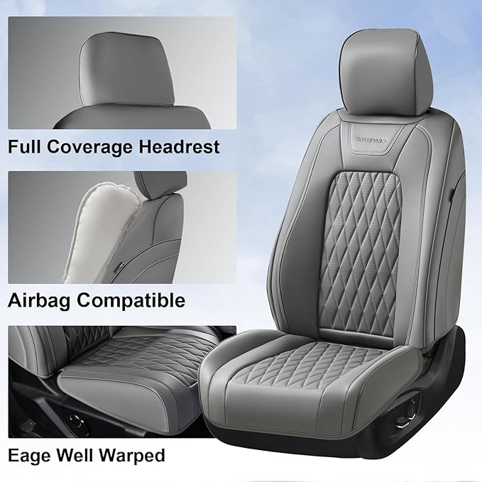 Coverado Leather Car Seat Cover, Custom Fit for Ford F150 Seat Covers, Ford F150 Truck Seat Covers Waterproof Fit for 2015-2026 F150 & 2017-2026 F250 F350 F450 Gray - Front Pair