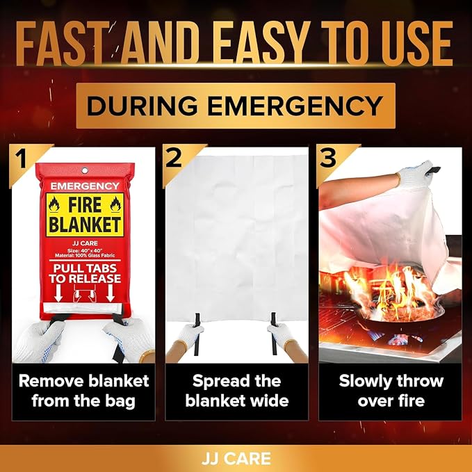 JJ CARE Fire Blanket – 5 Packs with Hooks – 40” x 40” Fire Blankets Emergency for Home and Kitchen, High Heat Resistant and Flame Protection for Kitchen, Car, Office, Camping & Home Safety