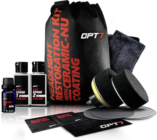 OPT7 Headlight Restoration Kit with Exclusive Ceramic Nu Coating - Professional Detailers Grade - Lens Polisher Drill Set