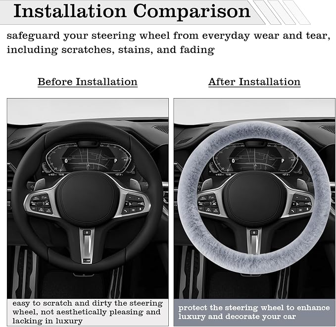 Furry Warm Steering Wheel Cover, Universal 14.5-15 Inch Winter Plush Warm Steering Wheel Cover, Soft Fluffy, Anti-Slip Design, Soft Texture (Gray)