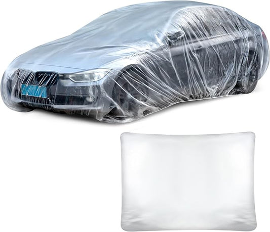 BBTO 1 Pack Universal Plastic Car Cover with Elastic Band Disposable Clear Car Covers Bulk 12.5 x 21.6 ft Waterproof Dustproof Full Exterior Protector for Sedan Outdoor Snow Rain Weather