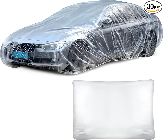 BBTO 30 Pack Universal Plastic Car Cover with Elastic Band Disposable Clear Car Covers Bulk 12.5 x 21.6 ft Waterproof Dustproof Full Exterior Protector for Sedan Outdoor Snow Rain Weather