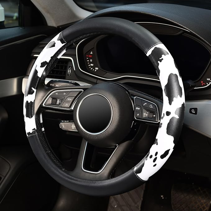 ZHOL 16 inch Steering Wheel Cover Cow Print, Breathable Microfiber Leather Compatible Large-Size for F150 F250 F350 Ram 4Runner Tacoma Tundra Range Rover Model Car Accessories for Women Men