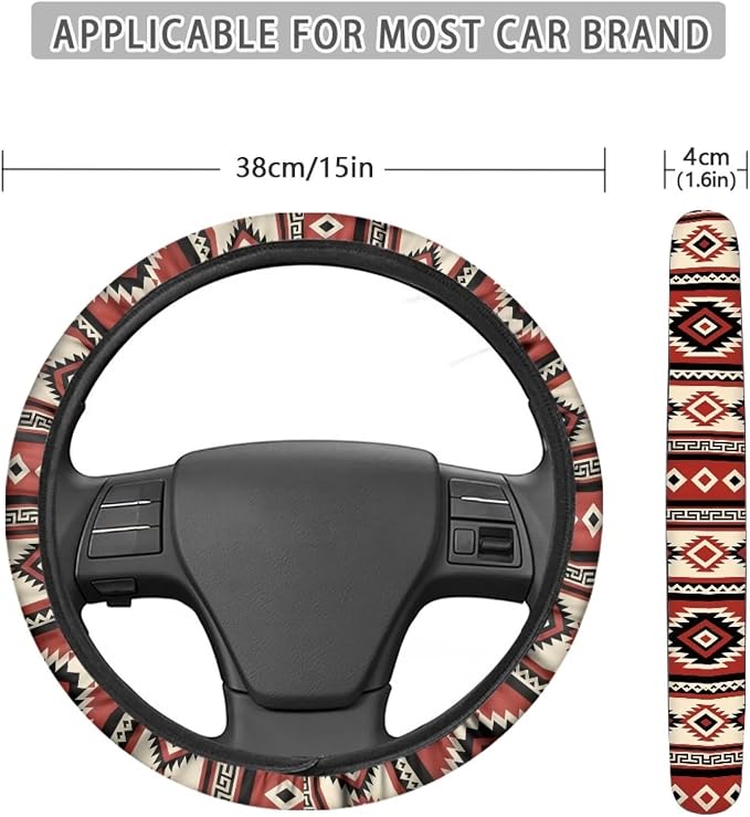 Wanyint Car Steering Wheel Cover Universal Fit SUV Truck Van, Anti-Skid Soft Stretchy All Weather Protection Auto Decor Accessories, Southwest Aztec Red Beige