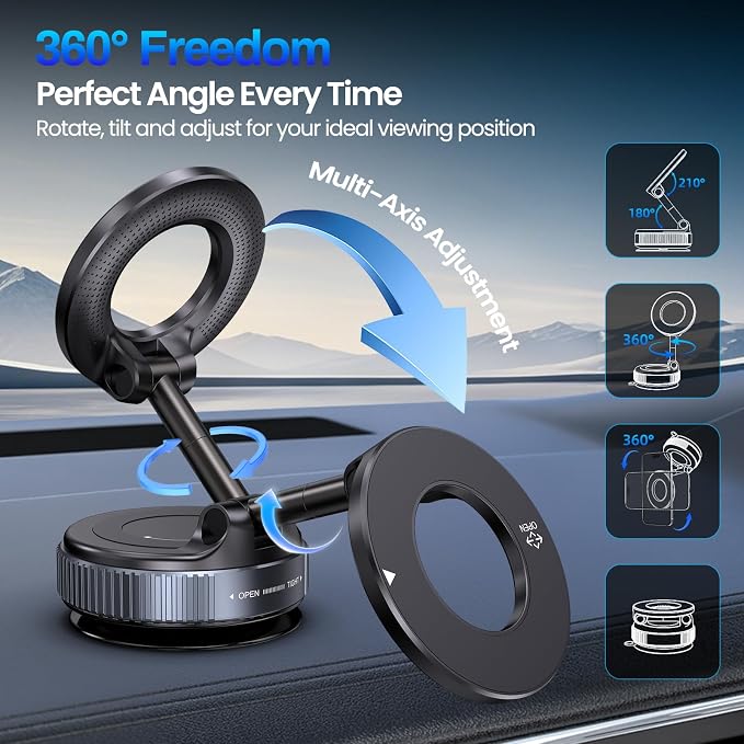 Jikasho Vacuum Magnetic Car Phone Holder for Magsafe, Hands-Free 360° Adjustable Suction Cup Phone Mount for Car/Gym/Mirror/Smooth Surface, Compatible with iPhone & Android (Space Grey)