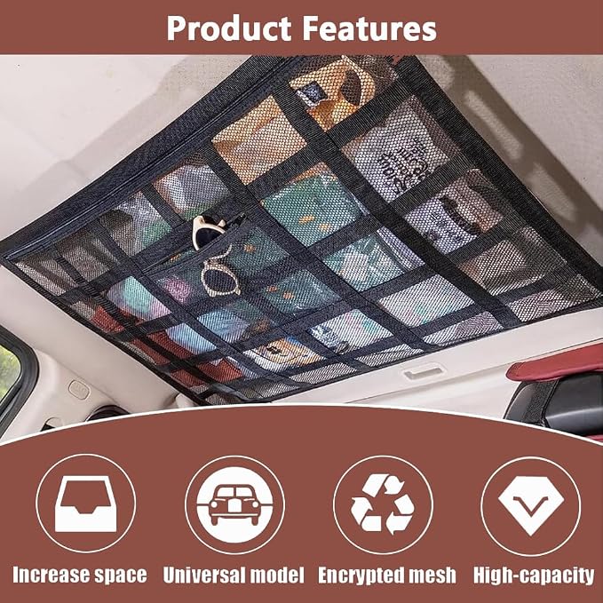 Car Ceiling Cargo Net for Subaru Forester 2018-2026 Car Roof Storage Mesh Bag Adjustable Roof Storage Organizer Double-Layer Mesh Pocket Accessories