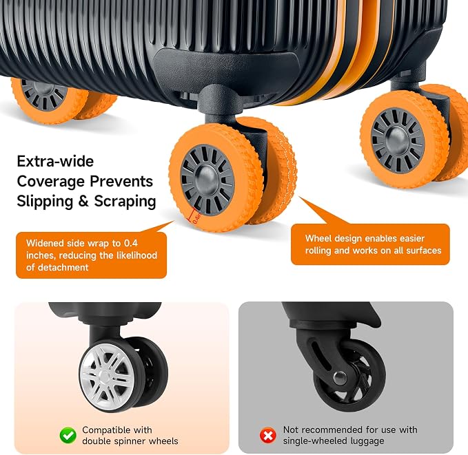 Upgraded 16 Pcs Luggage Wheel Covers, Silicone Protective Covers for 2-2.4" Suitcases Spinner Wheel, Wear-Resistant, Anti-Noise, Thickened Protector, Travel Accessories (Orange)
