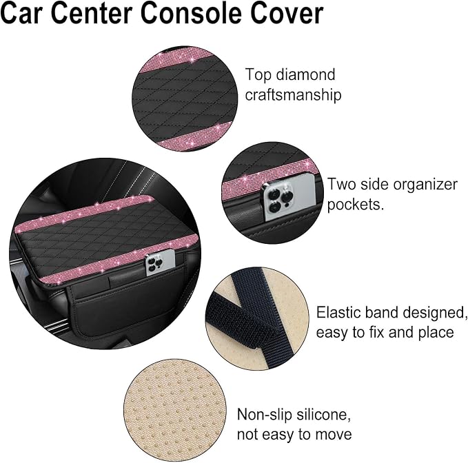 NBTEPEM Bling Car Center Console Cover, Leather Car Arm Rest Cover Cushion with 2 Storage Bags, Universal Automotive Armrest Protector Storage Box, Bling Accessories Interior for Most Vehicles (Pink)