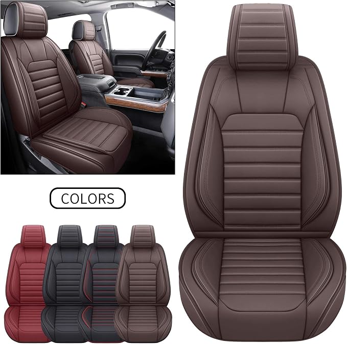 YIERTAI Seat Covers Compatible with Silverado Sierra for 2007-2024 2025 2026 1500/2500/3500 Crew Double Extended Cab Trucks Waterproof Leather Covers Protectors(2 PCS Front only/Brown)