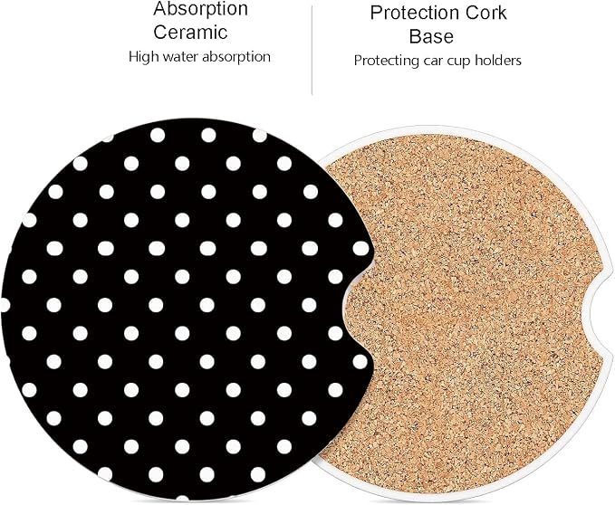 Ceramic Car Coasters – Absorbent Car Cup Holder Coaster Set for Women, Cute Aesthetic Car Accessories for Girls, 2 Pack (Jet Black)