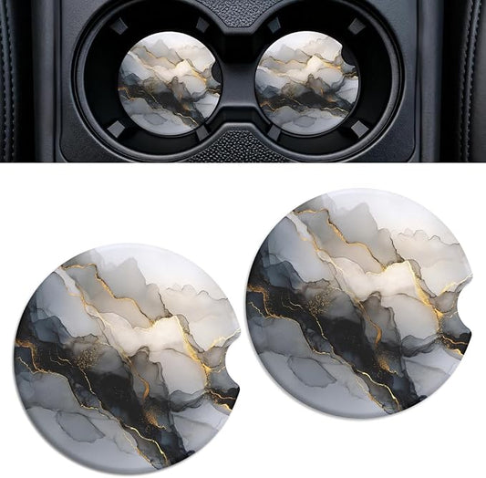 2 Pack Ceramic Car Coasters for Cup Holder, 2.56 in Anti Slip Absorbent Coaster with Cork Base and Finger Notch, Funny Cute Car Accessories for Women, Black Stone