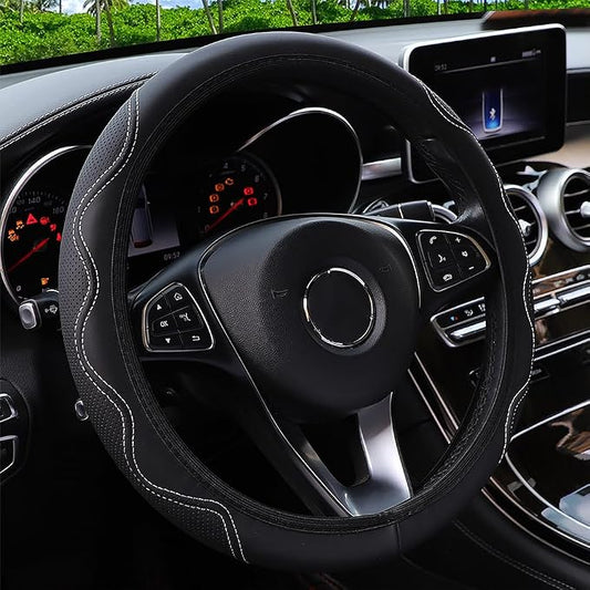 Elastic Steering Wheel Cover Black and White Universal 14-15 inch | Leather Car Steering Wheel Covers Stretch Microfiber Breathable Anti-Slip Without Inner Ring Steering Wheel Accessories