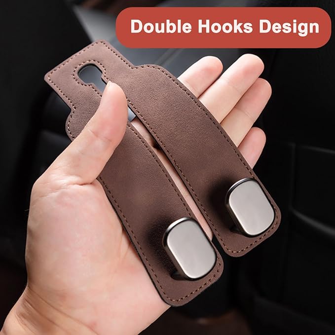 Amelity Car Headrest Hooks, Purse Hook for Car 2 Pack Brown | Universal Car Interior Accessories for Women, Available in 2/4 Pack, Storage Hanger Holds Purses, Backpacks, Grocery Bags