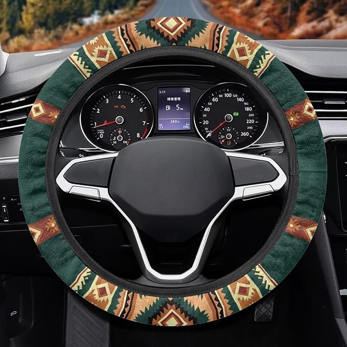 Wanyint Car Steering Wheel Cover for Women Men, 15 Inch Soft Neoprene Stretch Anti-Slip Washable Car Accessories Universal Fit for Sedans SUV, Southwest Aztec Brown Green