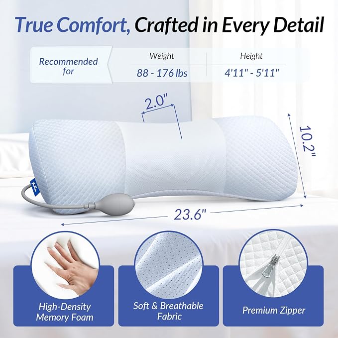 ZIKEE Inflatable Lumbar Support Pillow for Bed with Customized Lower Back Pain Relief & Support, Memory Foam Back Support for Side & Back Sleeping, Bed Pillow for Driving, Resting, Breathable Cover
