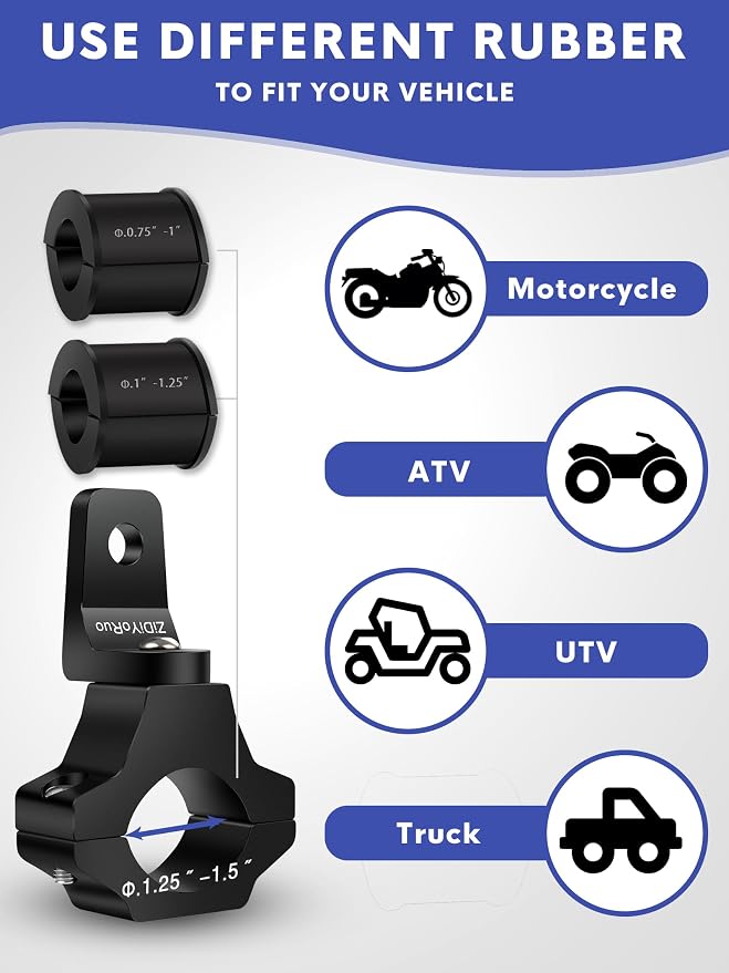 ZIDIYORUO ATV LED Light Bracket, 360 Swivel, for 0.75-1.5in Bars, 2-Pack | CNC 6061 aluminum, Fits 0.75-1.5in motorcycle & ATV bars, 360 rotation for fog, driving, cube LED lights, 10min-installation.
