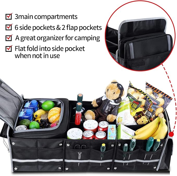 Car Trunk Organizer with Removable Cooler Bag - Collapsible Multi-Compartment Storage for SUV Truck Groceries Camping, Durable Nylon Auto Cargo Organizer (Black)