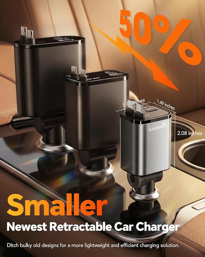84W Retractable Car Charger,Car Phone Charger USB C Fast Charge for iPhone | EloBeth Car Charger,Cigarette Lighter USB Charger Car Accessories,Road Trip Essentials Gift for Men,for iPhone 17/16,Galaxy