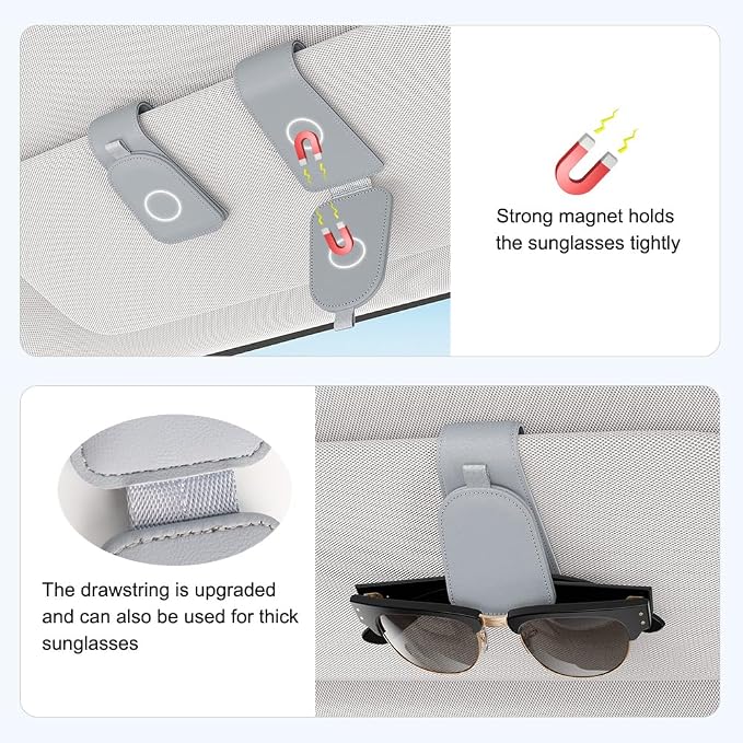 Sotfamily Sunglass Holder for Car Visor, Light Gray, 2 Packs | Suede Cloth, Magnetic, Organizer for Car Accessories