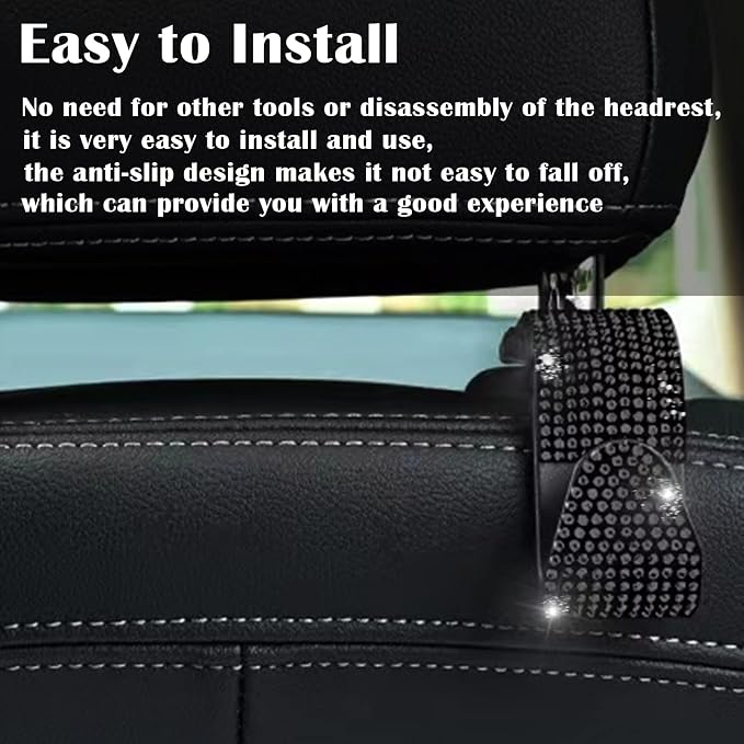 OSIFIT 2PCS Car Seat Hooks - Bling Rhinestone Headrest Hooks with Universal Design - Perfect for Holding Handbags, Clothes, Purses, and Water Bottles - Black