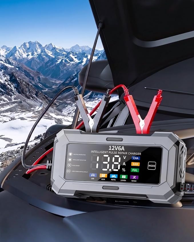 Car Battery Charger Automatic Trickle Charger and Battery Maintainer with Pulse Repair Digital Display Trickle Charger for Car Battery 12V6A Auto Battery Charger for AGM Motorcycle LiFePO4 Batteries
