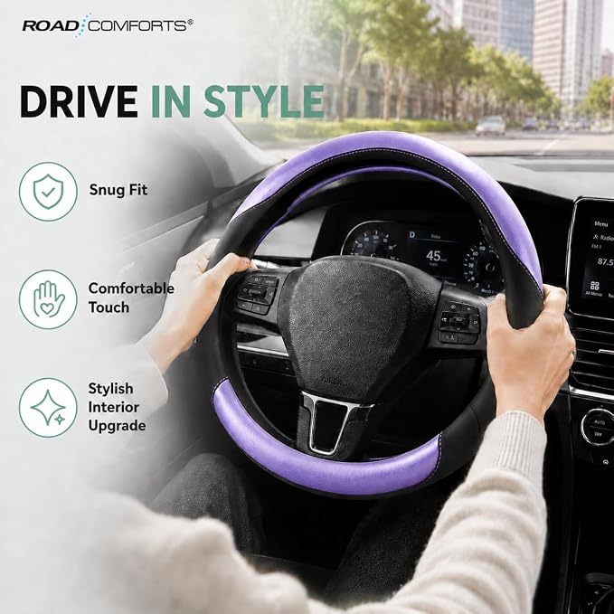 Road Comforts Steering Wheel Cover – Breathable Leather Steering Wheel Cover, Anti-Slip Grip, Universal Fit 14.5” to 15”, Heat & Cold Resistant for Cars, SUVs, and Trucks – Black & Shining Purple