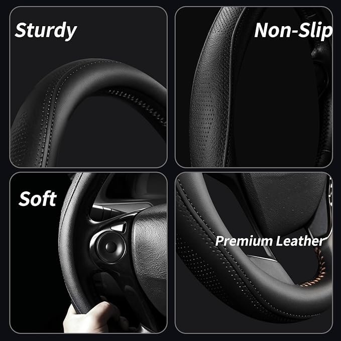 Steering Wheel Cover with Anti-Slip Leather Grip Compatible with Ford, Toyota, Honda, Nissan, and Chevrolet Vehicles for 14.5-15.35 inch Round Steering Wheels Universal Car Accessories