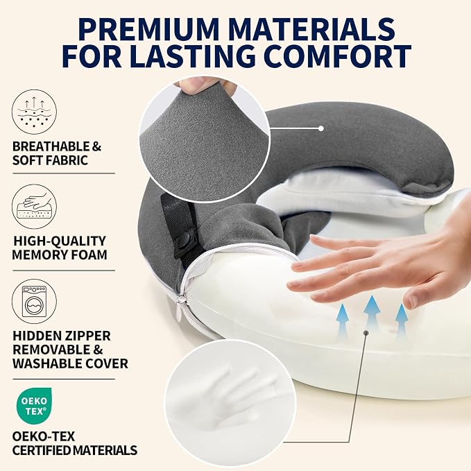 BUYUE Travel Neck Pillows for Airplanes, Memory Foam 360° Head Support Sleep for Long Flight, Skin-Friendly & Breathable, Kit with Eye Mask, Earplugs and Storage Bag (Adult, Grey, 90+ lbs)