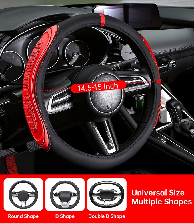 XCBYT Steering Wheel Cover - Red Leather Steering Wheel Wrap Great Grip with 3D Honeycomb Quick and Effortless Installation Non-Slip Silicone Inner Ring for Women Man Universal Fit 14.5-15 Inch
