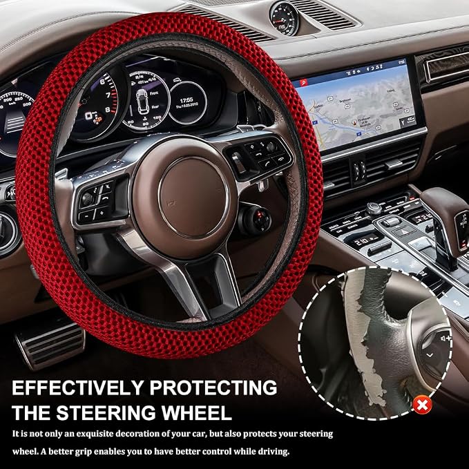 Breathable Elastic Steering Wheel Cover,15 Inch Stretch Steering Wheel Protector,Microfiber Ice Silk Anti-Slip Car Wheel Cover,Odorless Comfort Grip Interior Accessory for Cars SUV Truck（Red）