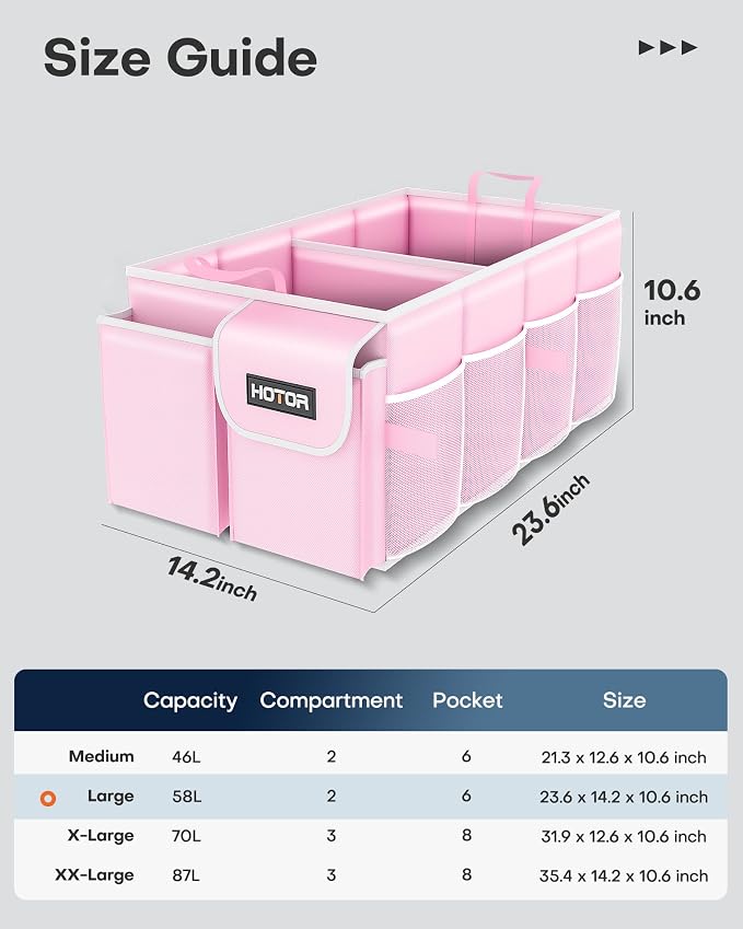 HOTOR Trunk Organizer for Car - Car Organizer, Foldable Trunk organizer for SUVs & Sedans, Sturdy Organization for Car Accessories, Tools, Sundries, Pink, 2 Compartments, 23.6"×14.2"×10.6"