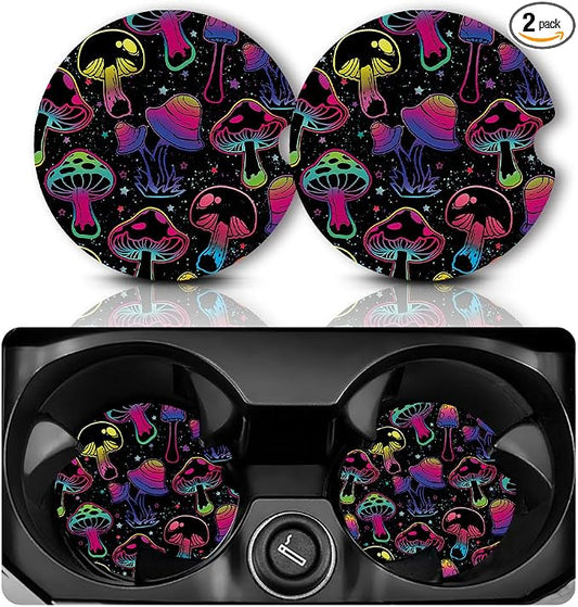 Yonlevres Car Coasters for Cup Holders，2.75" Anti Slip Rubber Mat with A Finger Notch, 2 Pack Car Cup Holder Coasters for Car Interior Accessories for Women Men Mushroom