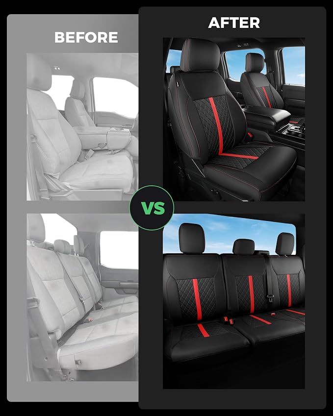 for Ford F150 Leather Seat Covers, SuperCrew XL XLT 2021-2026, F250 F350 F450 Super Duty Crew Cab 2023-2026, Custom Truck Seat Cover Full Set, Pickup Accessories, Black Red (Bucket Seat)