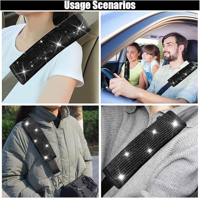 GLSOWEE 2PCS Bling Car Seat Belt Shoulder Pads for Women, Black Diamond | Bling Rhinestones Seat Belt Covers, Car Seatbelt Strap Pad with Crystal Diamond, Car Interior Accessories for Car SUV