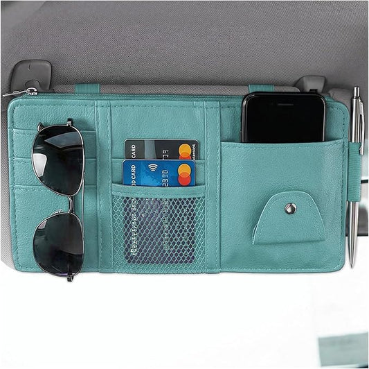 Car Sun Visor Organizer, Multifunctional Auto Visor Storage Bag with Net Pocket & Eyeglass Clamp, Waterproof Multi-Pocket Storage Pouch Ticket Organizer for Car Sun Visors (Blue)