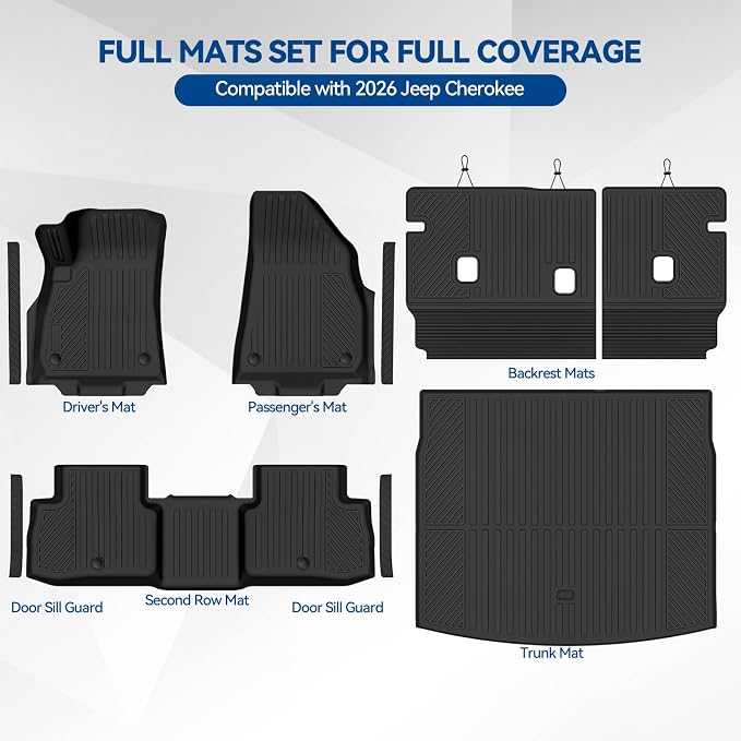 Custom Fit Floor Mats for Jeep Cherokee Hybrid 2026, All Weather TPE Floor Liners with Trunk Mat & Backrest Protectors & Door Sill Guard, Odorless Full Set Interior Accessories