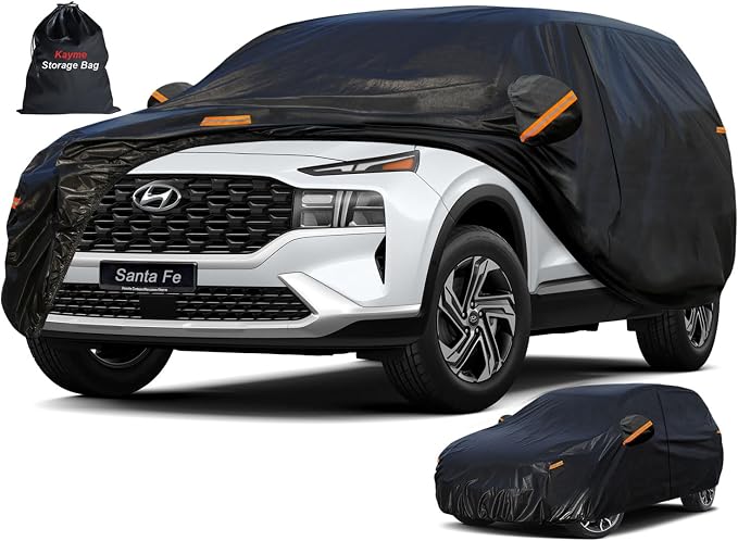 Kayme 7 Layers SUV Car Cover Custom Fit for Hyundai Santa Fe (2006-2025) Waterproof All Weather for Automobiles, Outdoor Full Cover Rain Sun UV Protection.Black